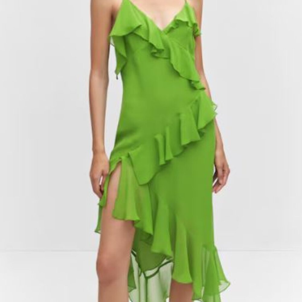 Mango green Asymmetric ruffled dress